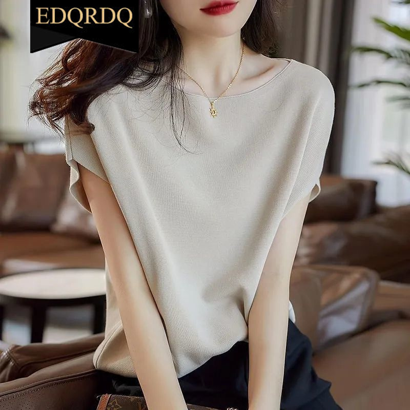 EDQRDQ Boat Neck Batwing Sleeves Knitted Ice silk T-shirt Sweaters and Pullovers Tops for Women