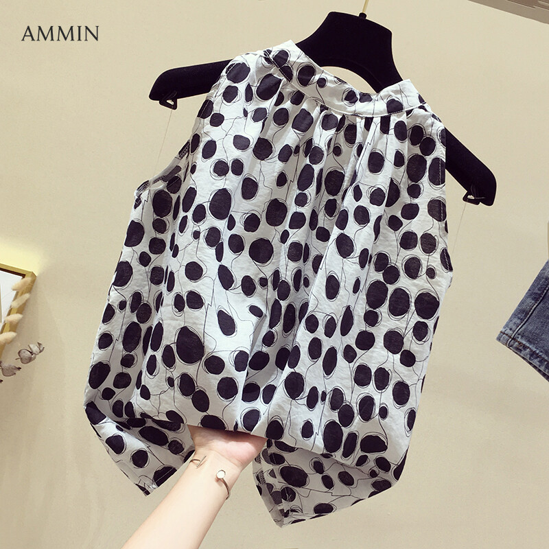 AMMIN Sleeveless chiffon t-shirt women's 2021 summer new Korean style loose floral printing off-shoulder foreign style small shirt leaking shoulder sweet blouse top