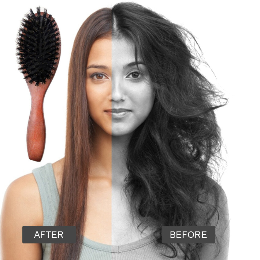 Natural Boar Bristle Hairbrush Massage Comb Anti-static Hair Scalp Paddle Brush Beech Wooden Handle Hair Brush Comb Styling ToolFeatures:
