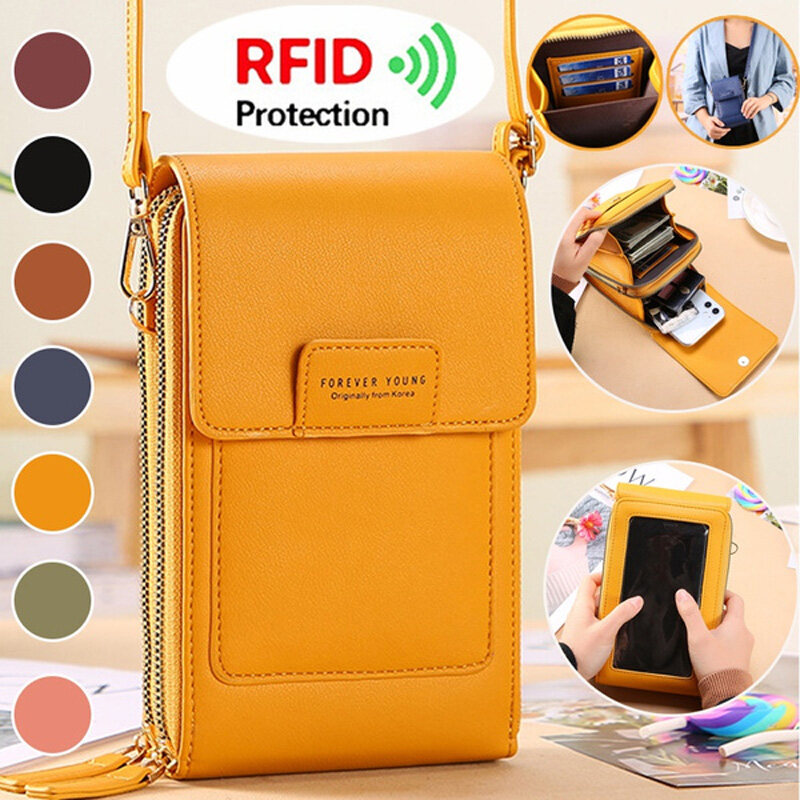 RFID New Women Double-layer Waterproof Leather Large Capacity Touch Screen Shoulder Bags Female Crossbody Bags Girls Handbag Phone Purse