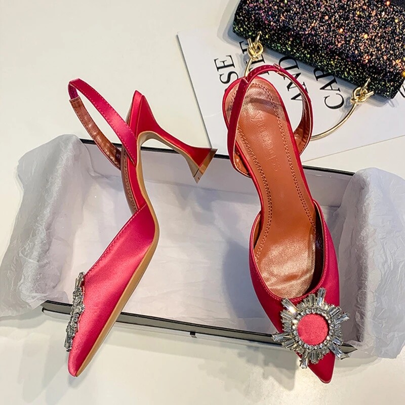 Brand women Pumps Big Size 34-42 Women Pumps Silk Satin Pointy Toe Rhinestone Crystal High Heels Shoes Slip On Women Wedding Pumps Sandal