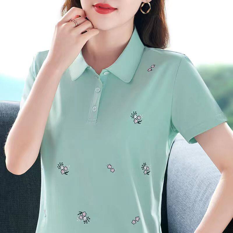 100KG Fat Girl Can Wear Elegant Floral Women Short Sleeve Polo Shirt Middle age mother Casual Sport Running Clothes Fashion Plus Size Blouse Ladies Lapel T-shirt Stretch