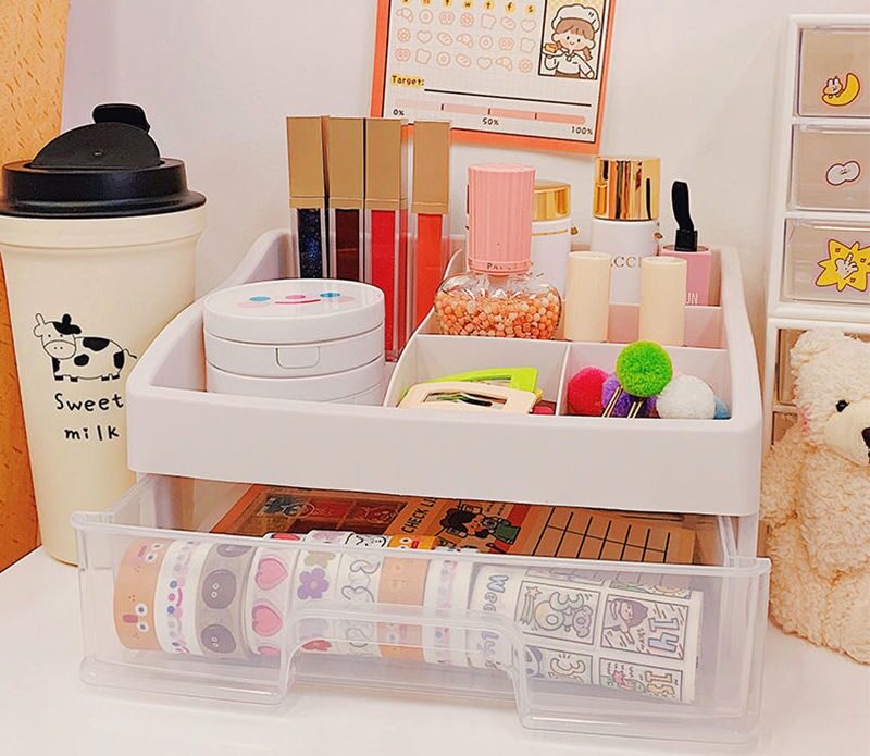 SKE307 【READY STOCK】 ins girl heart desktop drawer type student dormitory makeup storage box desk tape stationery multi-layer storage box