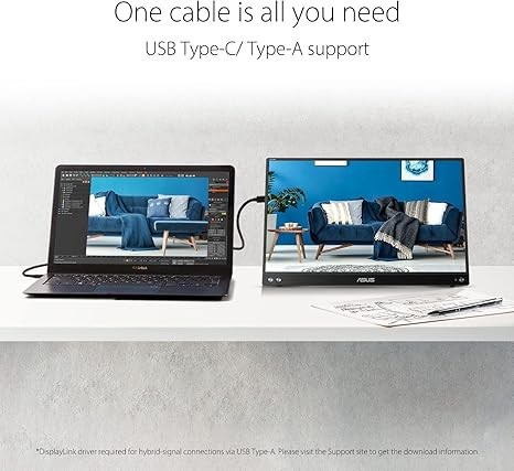 ASUS ZenScreen 15.6” 1080P Portable Monitor (MB16ACV) - Full HD, IPS, Eye Care, Flicker Free, Blue Light Filter, Kickstand, USB-C Power Delivery, for Laptop, PC, Phone, Console