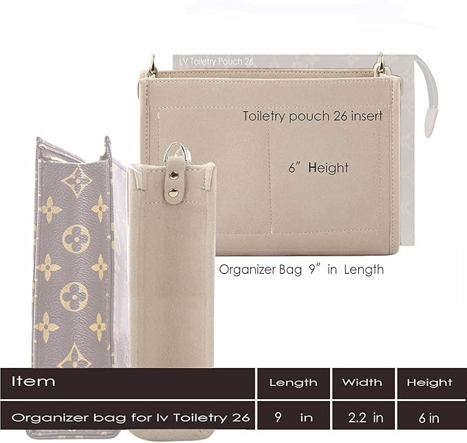 Felt insert storage bag fits purse LV toiletry bag 26 19,LV bag 26 khaki, middle